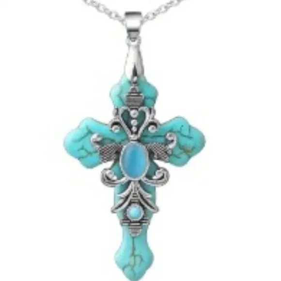 Turquoise Cross Necklace Antique Silver Plated _ unisex - Picture 6 of 6